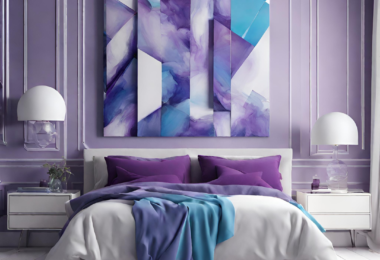 imagem de um quarto com cama quadro e abajur da cor roxo branco e azul