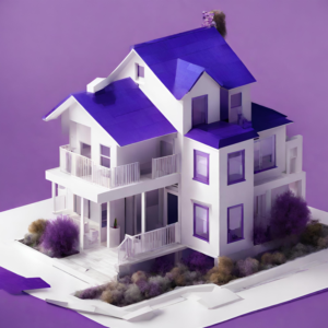 Imagem de uma casa das cores da Agente Imóveis: roxa, branca e azul